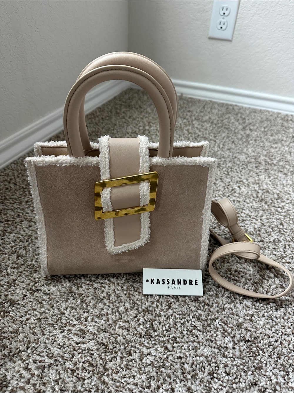 Kassandre Paris Beige Suede Handbag with Gold Hardware